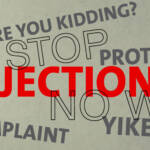 overcoming sales objections - mouth with wods objection, stop, wow!